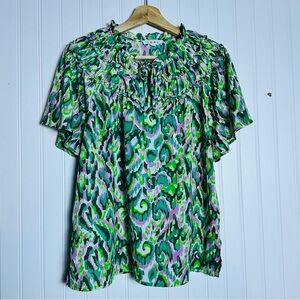 Anthropologie THML Vibrant Green and Purple Blouse Sz L Bohemian Feminine Casual